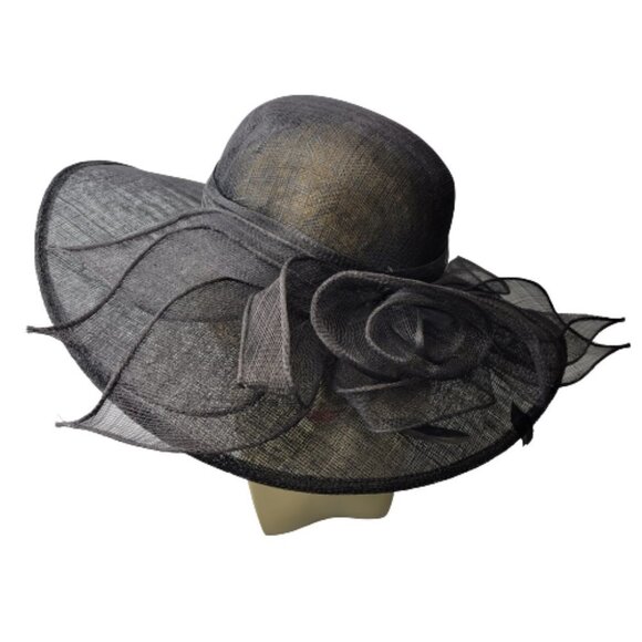Large Wide Brim Black Sinamay Kentucky Derby Church Wedding Adjustable Hat- NEW - Picture 8 of 16